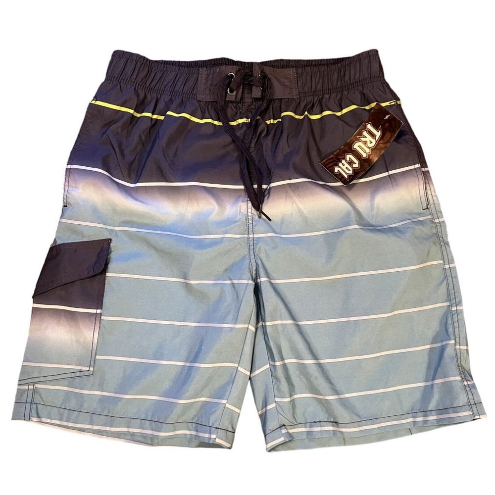 Tru Cal men's navy & light blue swim trunks size L lined, elastic waist, tie NWT
